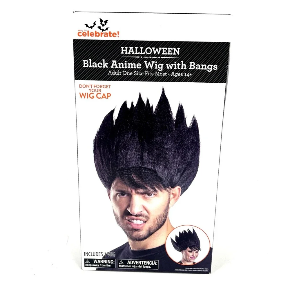 Black Anime Wig Cap with Bangs Halloween Costume Adult Unisex one size fits most